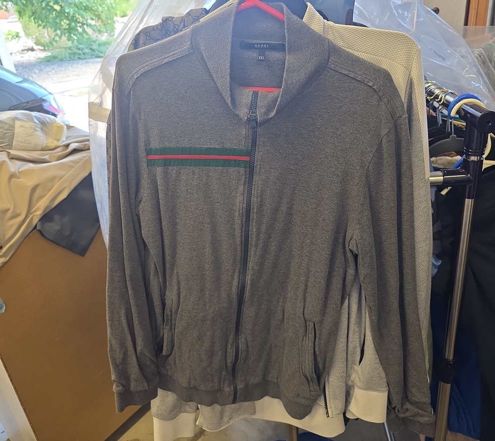 Gucci Men's Gray Zip-Up Sweater with Green and Red Chest Stripe